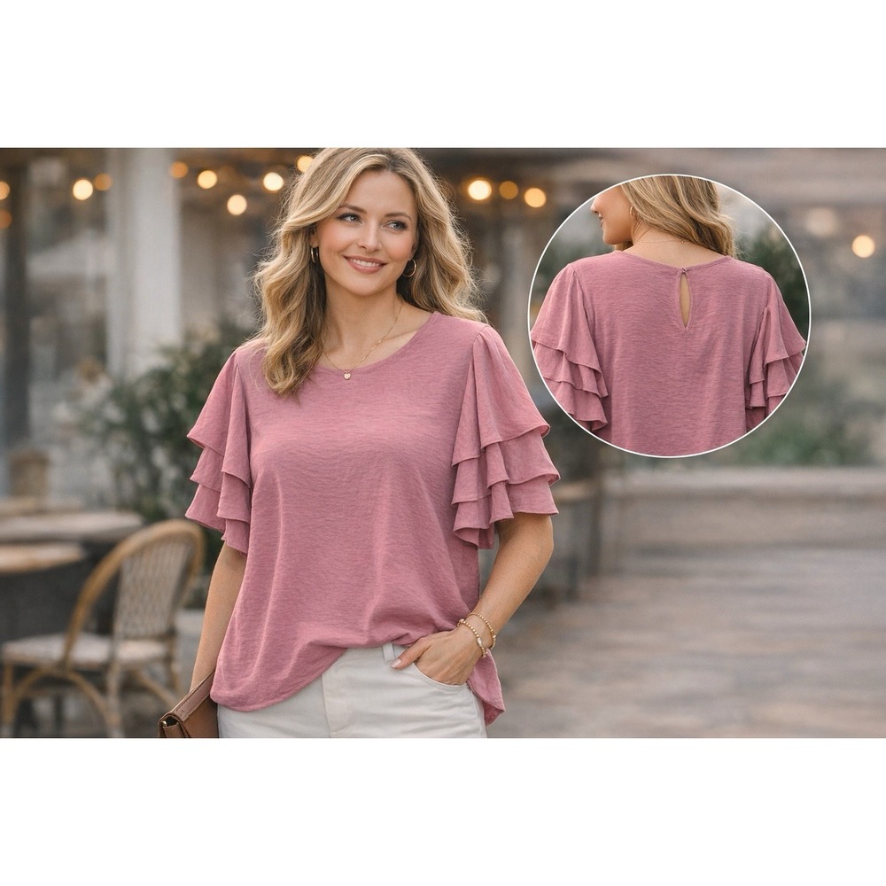 3rd + Malt XL Dusty Rose Ruffle Sleeve Blouse Tiered Flutter Sleeve Keyhole Back